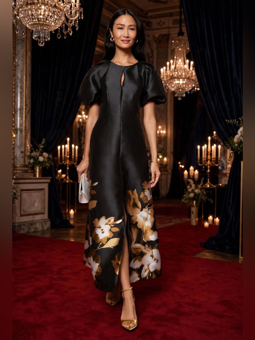 Kay Unger Delfina Gown Elegant Black Floral Puff-Sleeve Evening Dress size 10